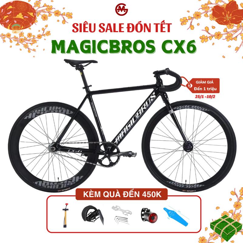 Xe đạp Fixed gear MAGICBROS CX6 khung nhôm càng thép không mối hàn, bánh sau bản cao 6cm, trước 4cm (kèm strap, lục giác lắp xe, bơm mini, đèn hậu, chắn bùn) Sports Đạp Xe Đạp