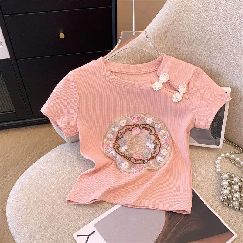 Áo Thun Bé Gái, Phong Cách Trung Quốc Mới, Khóa Thêu, ngắn Tay, Thích Hợp Cho Mùa Hè, Áo Lớp Nền Cho Bé Gái, 2024, Phong Cách Trung Quốc