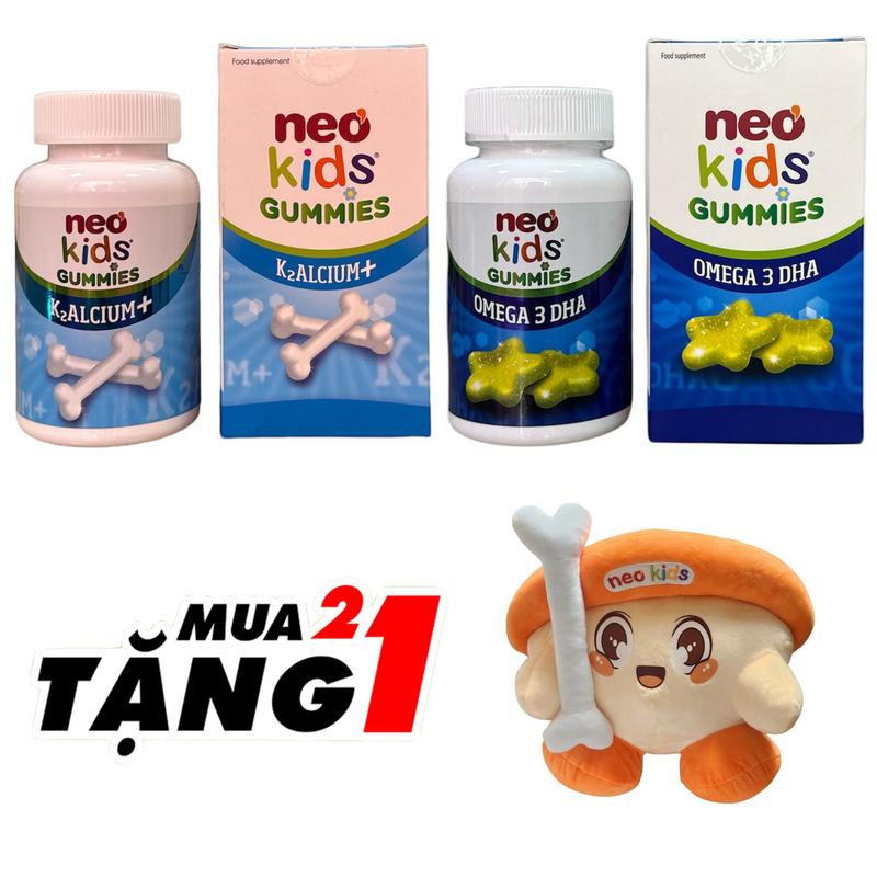 ( kèm quà tặng ) Bộ đôi Gummies Canxi và DHA Neo kids Kẹo dẻo bổ sung cho bé từ 3 tuổi (60 viên)