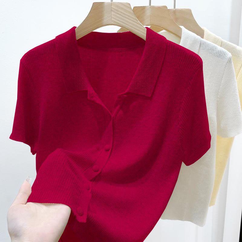  Áo Cardigan Dệt Kim Cổ Polo Mỏng Áo Thun ngắn Tay Màu Trơn Áo Ngắn 