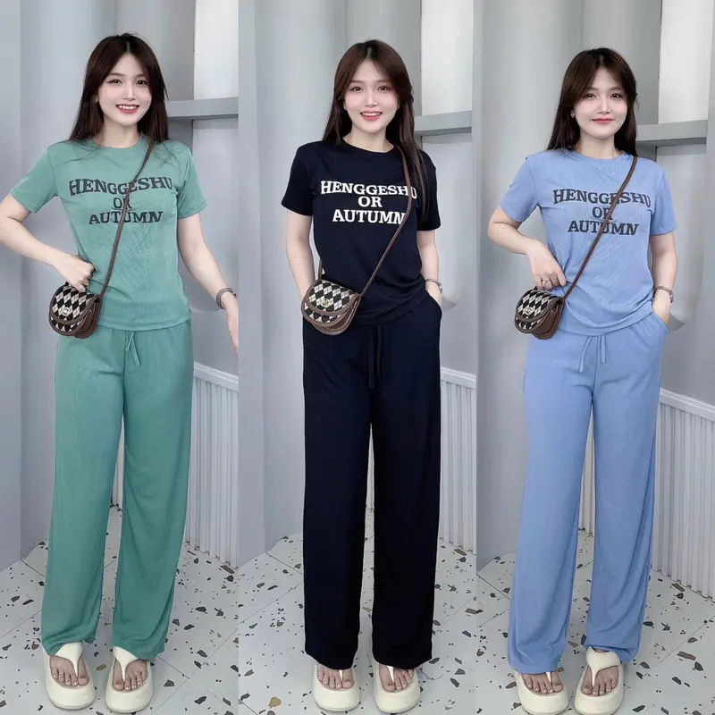 Bộ Nữ Tăm Lạnh Quần Suông + Áo Tay Ngắn Cổ Tròn Phối Chữ Bigsize 45-75kg 0