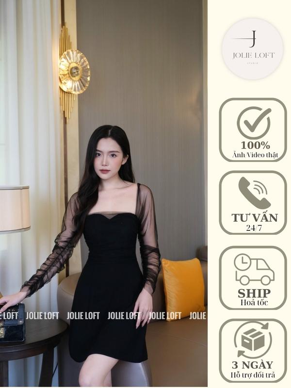  Váy nữ dự tiệc lưới đen dài tay thiết kế Emily dài JOLIE LOFT đầm dáng ngắn sang trọng đi chơi 