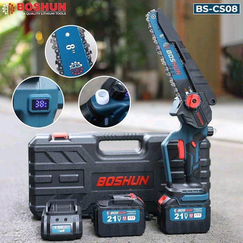 MÁY CƯA XÍCH PIN BOSHUN  CS 08 Lam Xích 8inch_ Động Cơ Từ _ Lõi Đồng _ K Chổi Than _ Bơm Nhớt Tự Động_ Bộ 2pin 15Cell