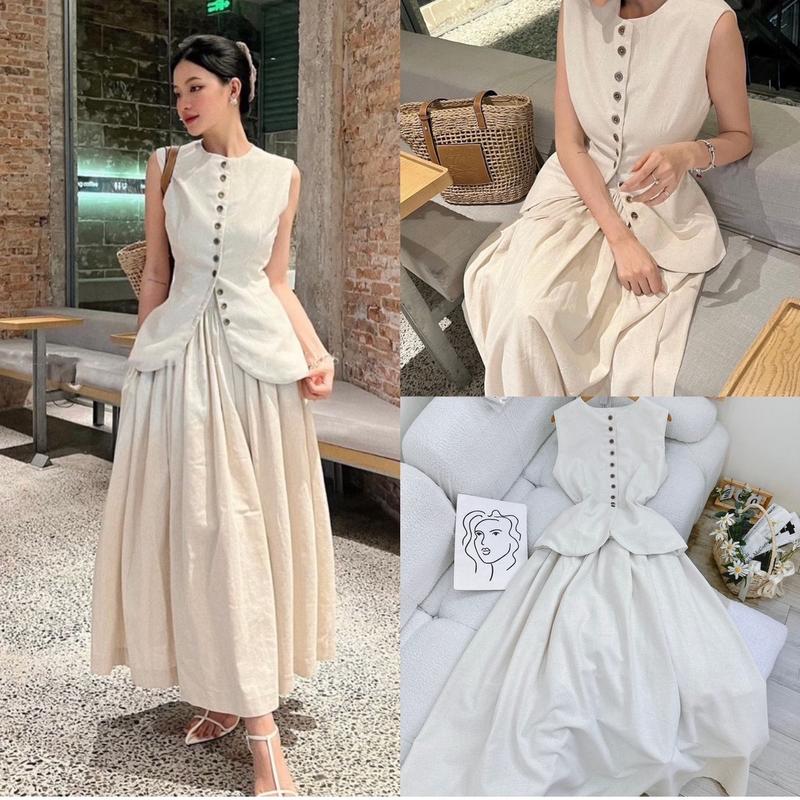 Set áo linen sát nách dáng peplum xoè + chân váy xếp xoè dài Kem