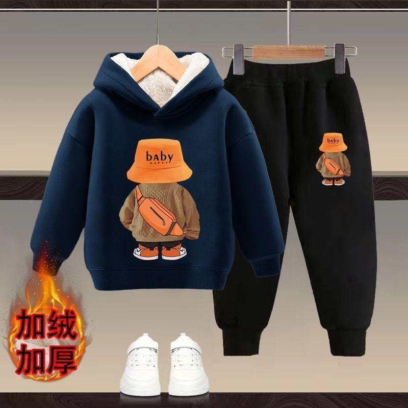 Bộ Đồ Áo Nỉ Có Mũ Trùm Đầu, Cho Trẻ Em, Lót Lông Cừu, Dày Dặn, Thích Hợp Cho Mùa Thu Và Mùa Đông, Cho Bé Trai Và Bé Gái, Phong Cách Phương Tây Mới, Bộ Đồ Ấm Áp Hai Mảnh, Trẻ Em 0