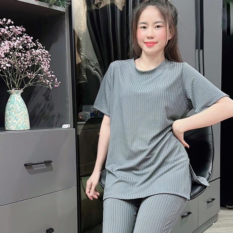 Sét Bộ Đũa Lạnh Quần Dài Tay Ngắn Xẻ Tà Xinh Xắn Mát Mẻ Mùa Hè Women Áo Voi Đen Nhung Nữ