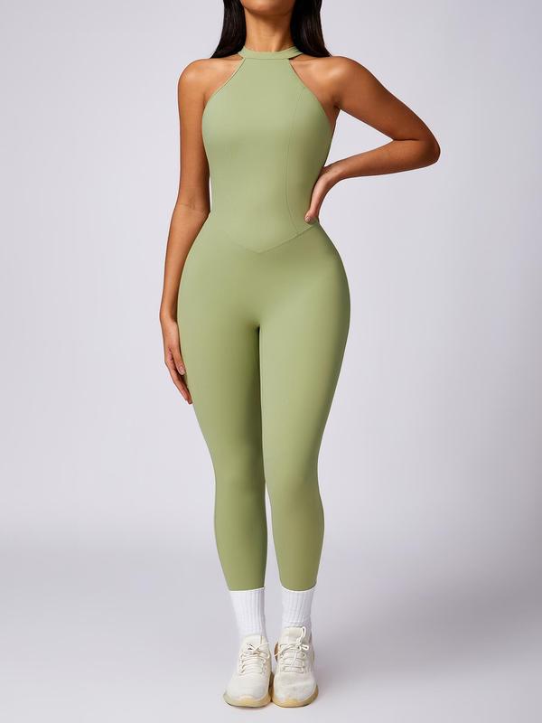 Women's Solid Ruched Cut Out Backless Halter Sports Jumpsuit, Jumpsuit for Women, High Stretch Seamless Quick Drying Breathable Comfortable Sports Jumpsuit for Yoga Gym Workout, Ladies Sportswear for All Seasons, Tummy Control 7