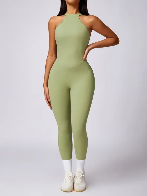 Women's Solid Ruched Cut Out Backless Halter Sports Jumpsuit, Jumpsuit for Women, High Stretch Seamless Quick Drying Breathable Comfortable Sports Jumpsuit for Yoga Gym Workout, Ladies Sportswear for All Seasons, Tummy Control,  Gym Wear 5