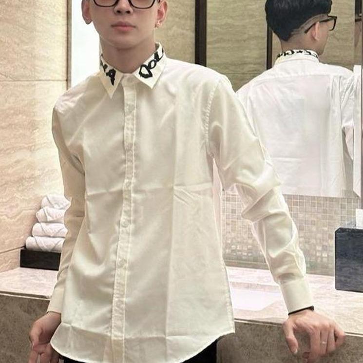 Áo sơ mi nam boy phố tay dài phối chữ thêu vải lụa dày đẹp