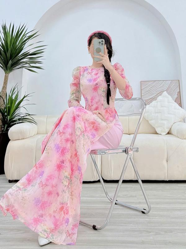 Áo dài nữ thiết kế tơ ép 4 tà màu hồng phấn - MÃ TK156 Women Dress Women Nhung Kem Sen 4