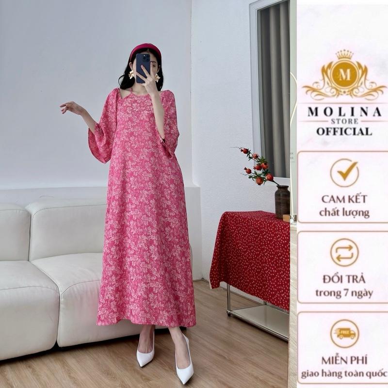 Váy suông Gấm Vy Hoa cổ yếm cách điệu tay lỡ điệu đàng rất xinh với thiết kế Molina