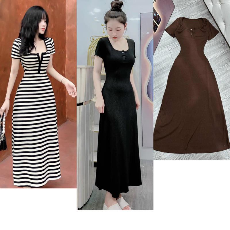 [Dưới 55kg] Đầm váy maxi dáng dài ôm body cổ vuông form chữ A thun gân tăm 3 màu