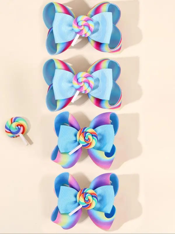 Rainbow Ombre Color Lollipop Design Hair Clips Set, Cute Bowknot Hair Clips for Girls, Fashion Hair Accessories for Party, Daily Clothing Decor 0