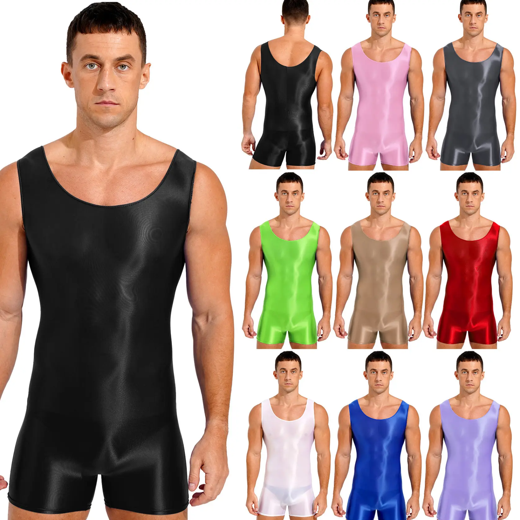 Manyakai Men's Silky Glossy Swimsuit Shiny Sleeveless Jumpsuits Translucent Sheer Smooth Bodysuits
