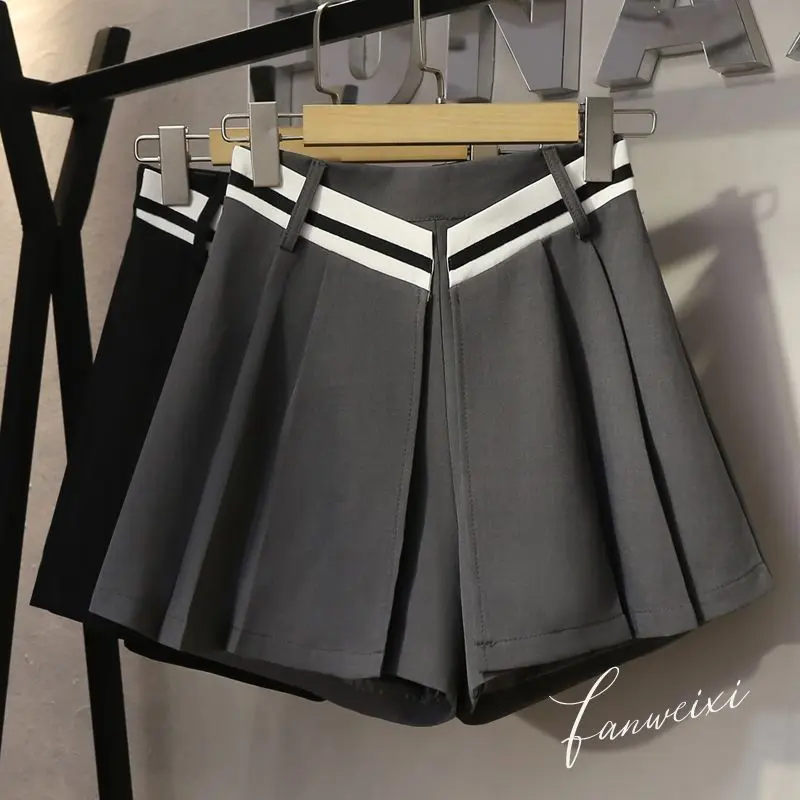 Fall New Preppy Style Elegant Contrast Color High Waist A- line Wide Leg Casual Suit Shorts Women's Pleated Skirt Womenswear Bottom  Lady Comfort Lingerie Stripe