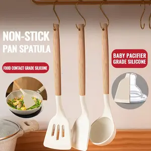 Spatula Anti Lengket Pegangan Kayu Peralatan Dapur Silikon Berlubang 3pcs/set