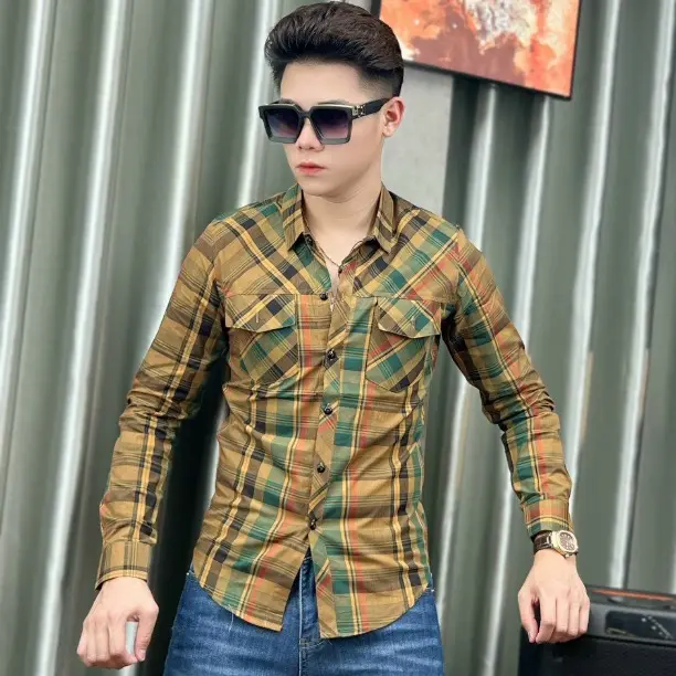 Áo sơ mi nam dài tay kẻ caro nhiều màu, dáng ôm body, có 2 túi - Có Cổ 4