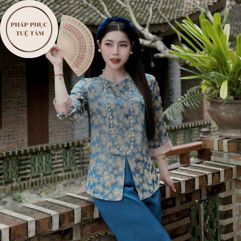 Đồ lam đi chùa nữ cổ tròn lụa gấm cúc đá Pháp phục lễ chùa cách tân khuy chéo Bộ đồ đi lễ vạt hò mềm mịn Sang trọng Women Áo Kem Top Sen Hồng