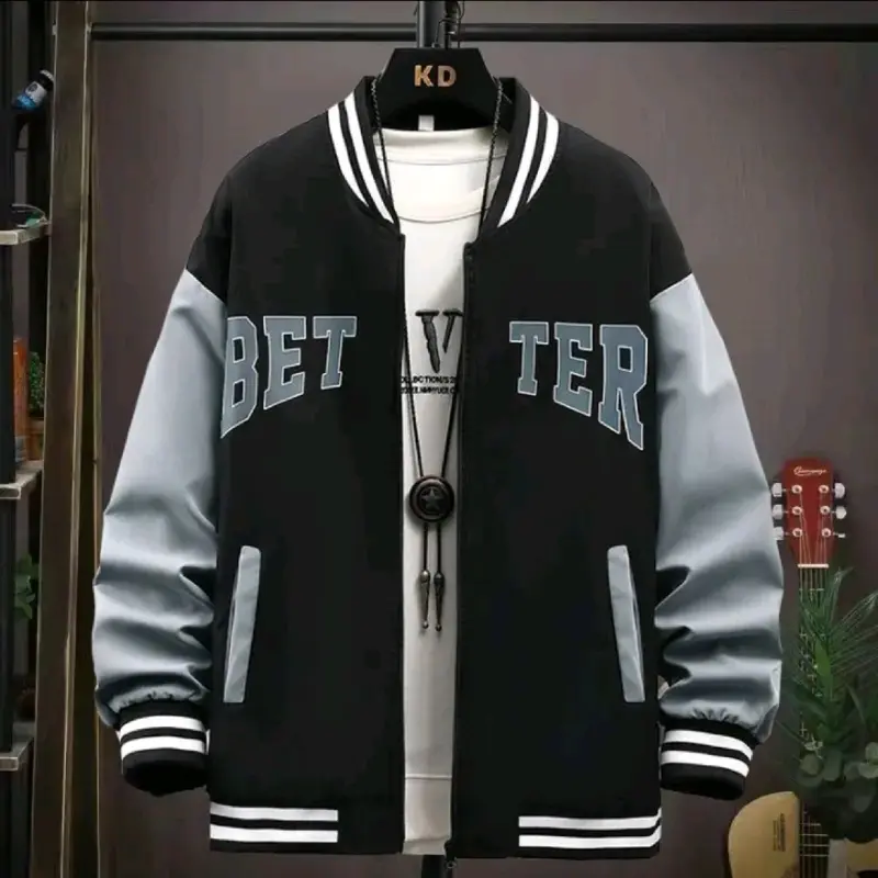 Jaket Varsity Jacket Baseball Better Hitam Mix Denim Bahan fleece tebal SIZE (S- 7XL) Bigsize 7XL 6XL 5XL 4XL 3XL 2XL XL L M S Musim panas Musim dingin Hitam Setrip Bomber Panjang Distro 6