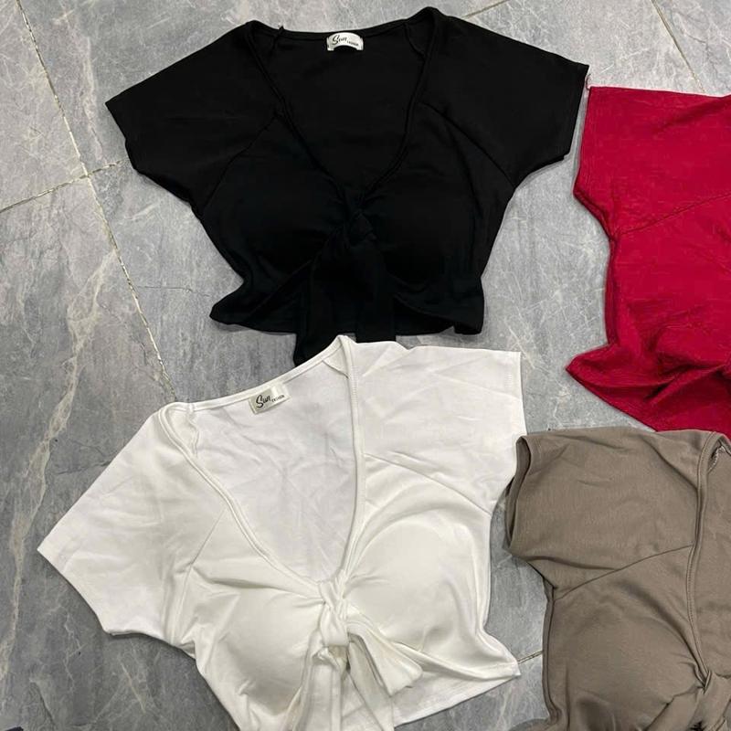 Áo croptop tay ngắn có mút cột dây giữa tạo nơ xinh bozip mềm Cổ Tròn Women Nữ aosang chanh 1