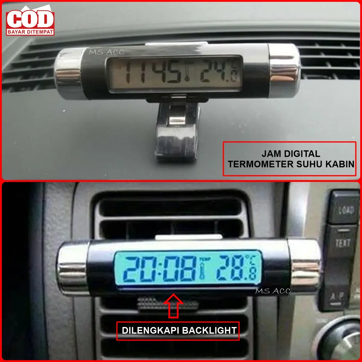 Jam Mobil Digital Dengan Termometer Suhu Kabin LED LCD Bisa Nyala Bisa Car MS