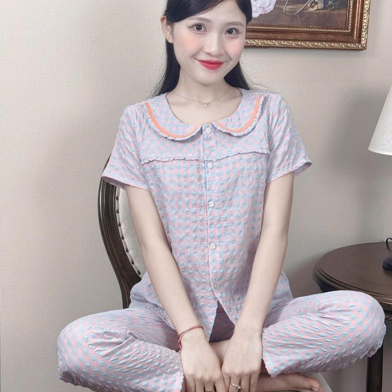 (38kg-68kg) Đồ bộ kẻ sọc quần dài cho Nữ, cổ sen phối ren vải kẻ lông mềm hàng thiết kế phối bèo bigsize Women Top Áo Quần Ngủ 6