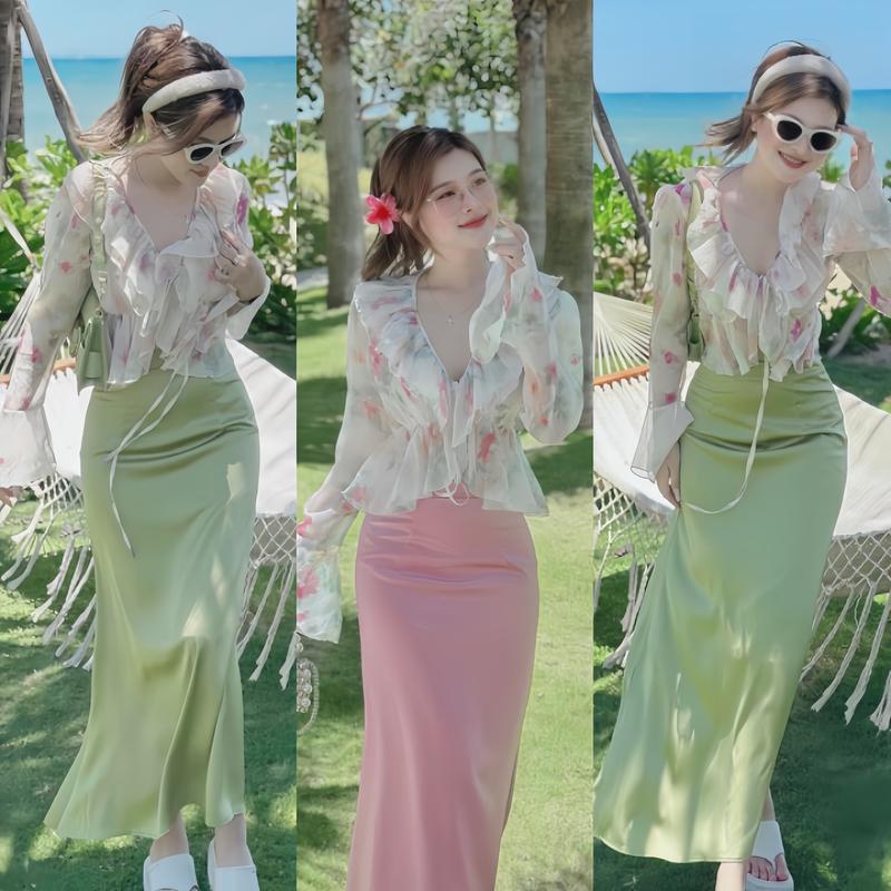 Set đồ nữ áo voan hoa tay loe phối bèo mix chân váy dài sang chảnh dành cho các nàng đi chơi, đi tiệc. Top Women