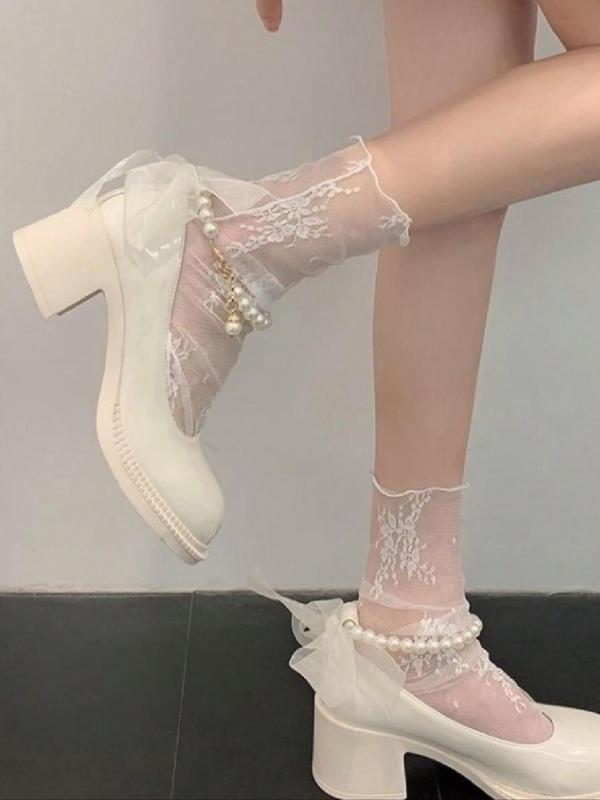 Women's 2 Pairs Sheer Floral Jacquard Knitted Mesh Crew Socks, Casual Summer Romantic Comfy Breathable Socks for Daily Outdoor Wear, Women Socks for Summer 2