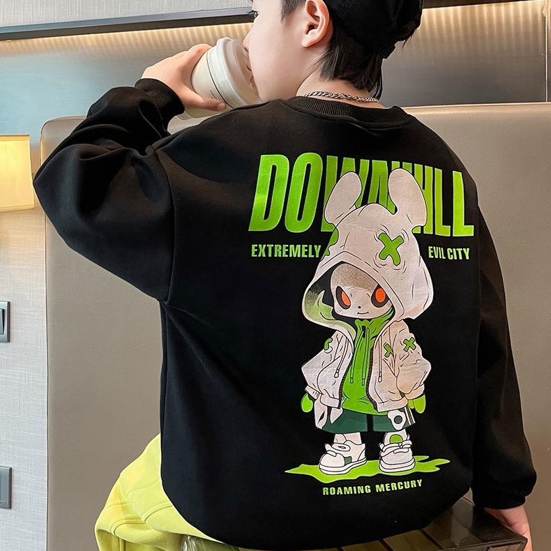 20-55KG ÁO NỈ SWEATER THU ĐÔNG DÀI TAY CỔ TRÒN CHO BÉ TRAI GÁI CHẤT LIỆU NỈ KHÔNG CÓ LÓT IN HOẠT HÌNH 2 MÀU BE VÀ ĐEN