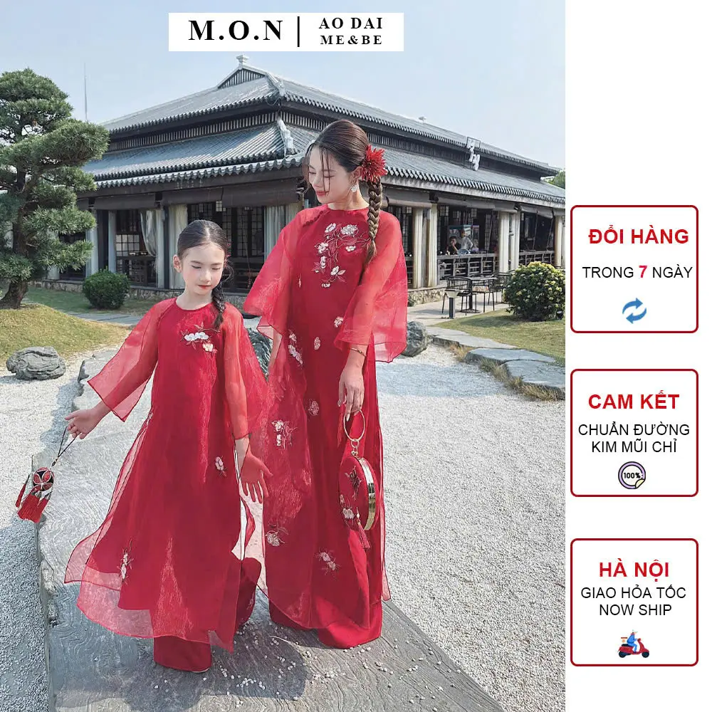 Set Áo Dài Mẹ Bé Tơ Thêu 4 Tà Tường Minh