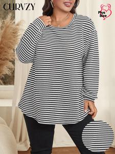 CURVZY Plus Size All Over Print Drop Shoulder Tee, Casual Long Sleeve Round Neck T-shirt, Women's Clothing for Daily Wear