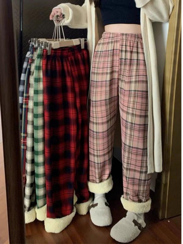 Quần Ống Rộng Lót Lông Dáng Suông Phối Kẻ Thời Trang Thu Đông Cho Nữ Siêu Hot 185 - Women