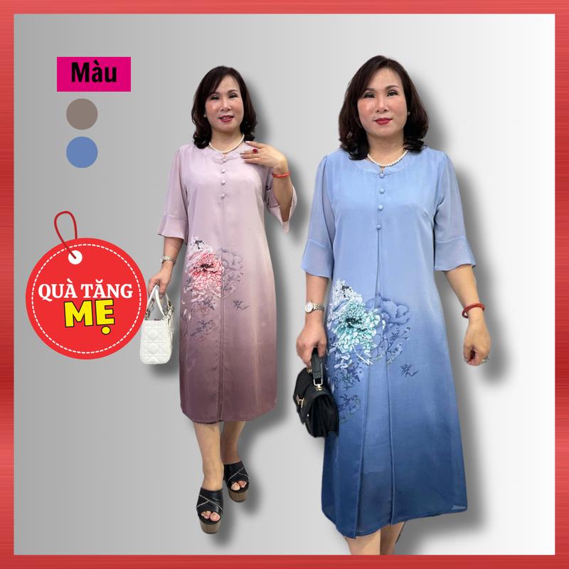 Đầm Trung Niên Nữ, Mẫu Dress Váy Đi Tiệc Cho Mẹ U60 Bigsize Họa Tiết Hoa Lá 3D Chất Voan Xẻ Tà Dịu Dàng, Thời Trang Trung Niên NP Clothing