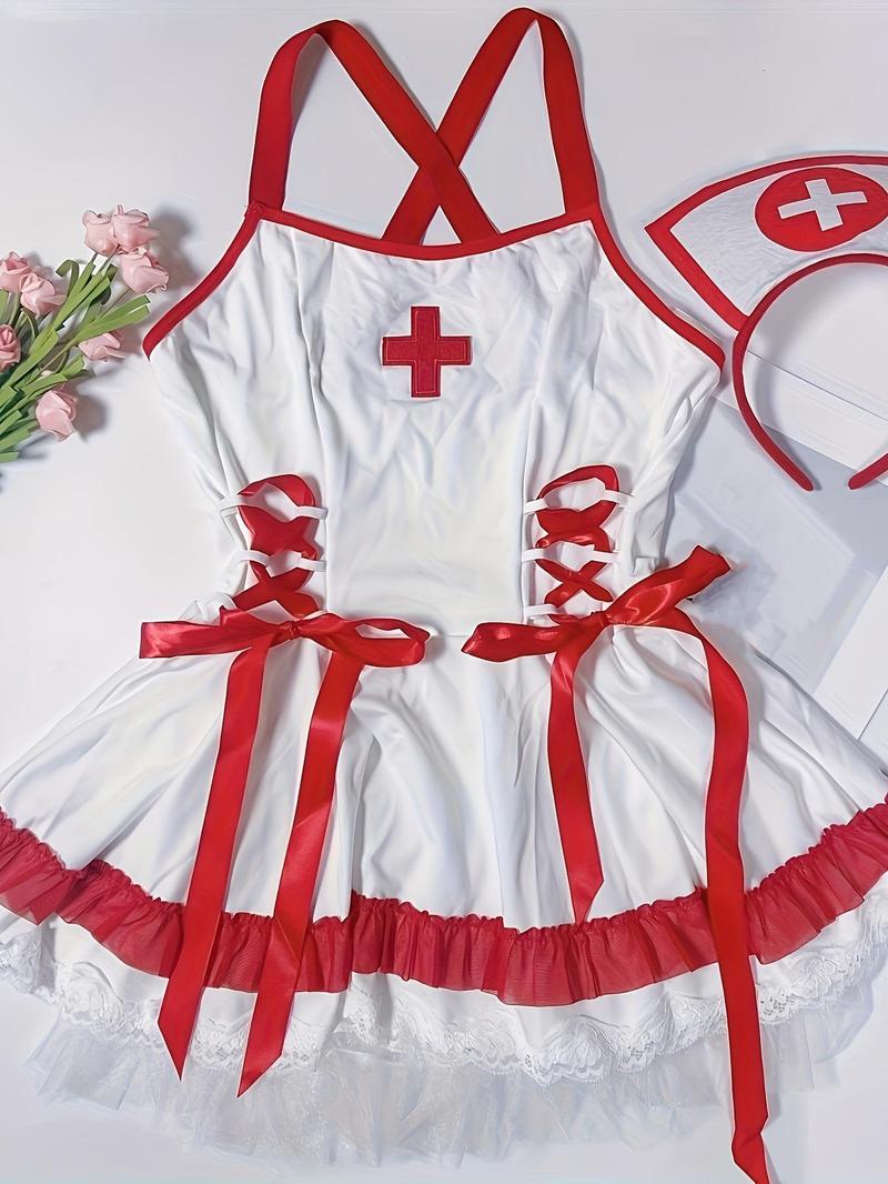 Product Introduction of Women's Contrast Lace Lace Up Sexy Nurse Costume Three-piece Set, Naughty Lingerie, Adjustable Strap Criss Cross Cami Dress & Hat & Thong Set, Women's Sexy Lingerie Set for All Seasons, Fancy Dress 9