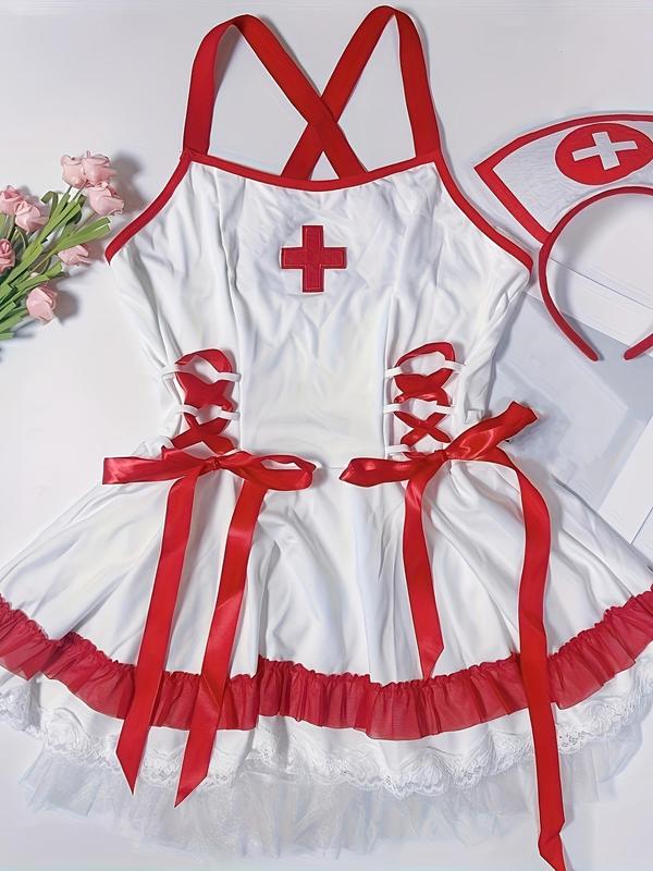 Women's Contrast Lace Lace Up Sexy Nurse Costume Three-piece Set, Naughty Lingerie, Adjustable Strap Criss Cross Cami Dress & Hat & Thong Set, Women's Sexy Lingerie Set for All Seasons, Fancy Dress 5