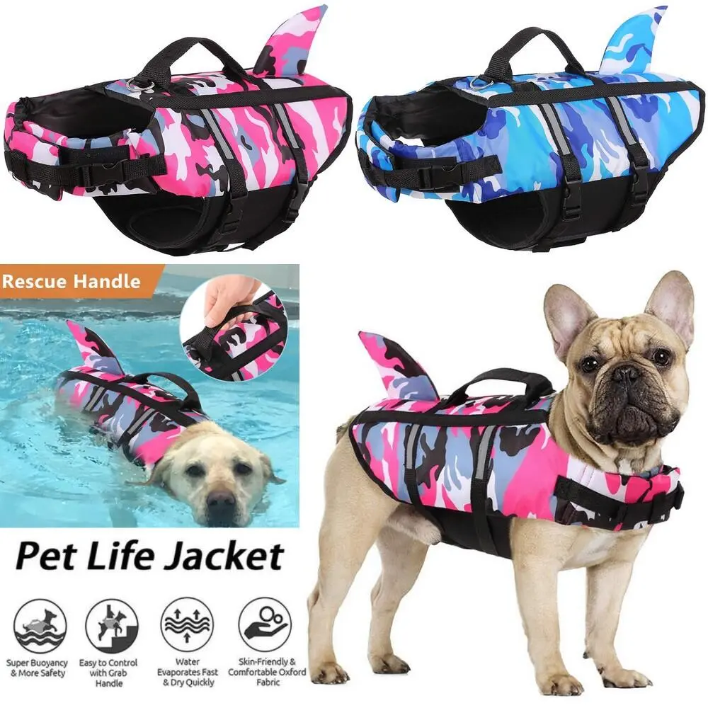 Jacket Life Vest Collar Harness Pet Dog Swimming Summer Swimwear Clothes Camouflage Shark Blue Fuchsia