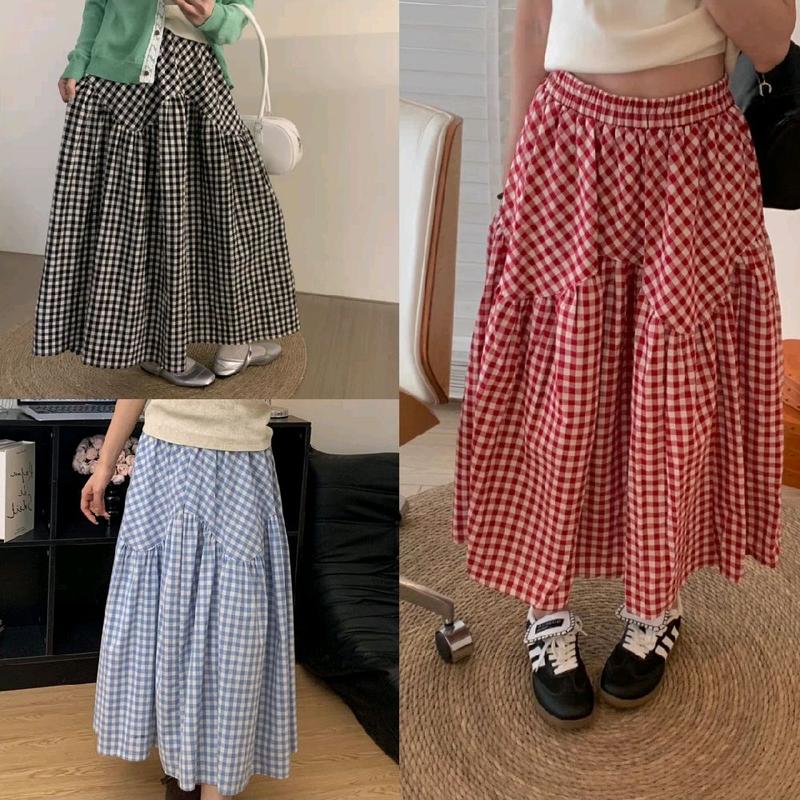 Chân váy midi kẻ caro chất thô Hàn Quốc dáng dài xoè chữ A - Nữ, Women, Bo Chun