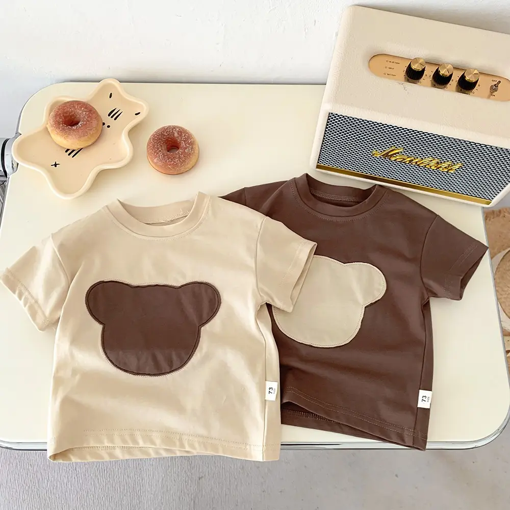 Baby short sleeved T-shirt summer outfit children's cartoon teddy bear half sleeved top thin boy's and girl's base shirt Korean version