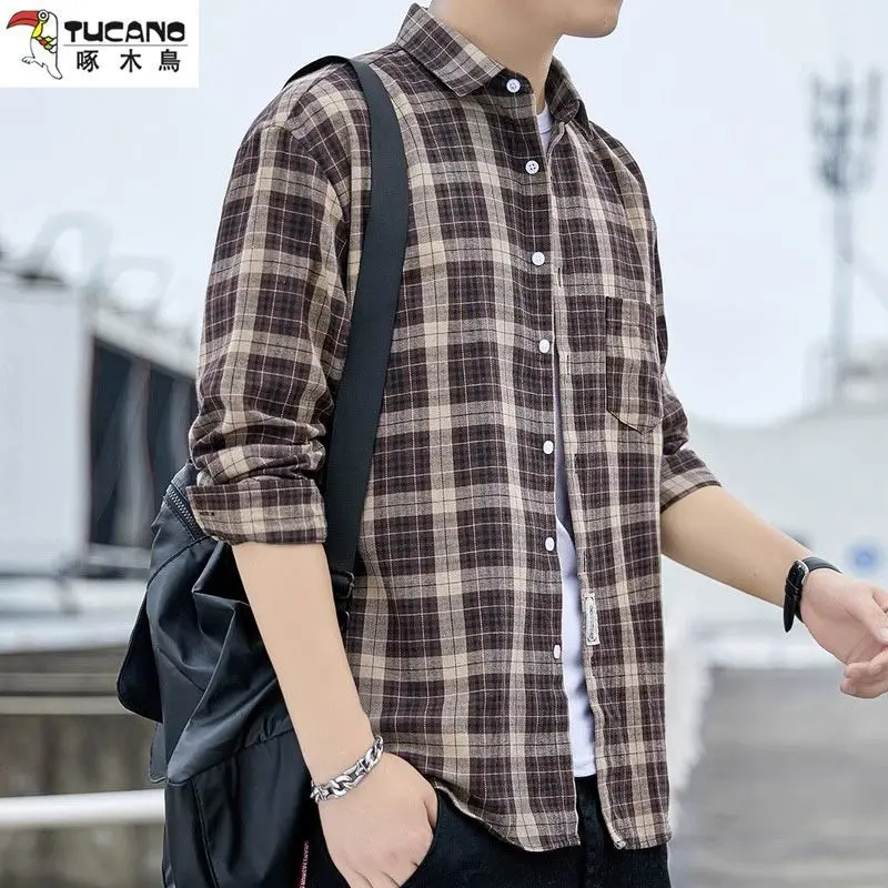 Woodpecker Long-Sleeved Shirt Men's Autumn Trendy Casual Sports Jacket Autumn and Winter New Loose Plaid Shirt Men's Comfort