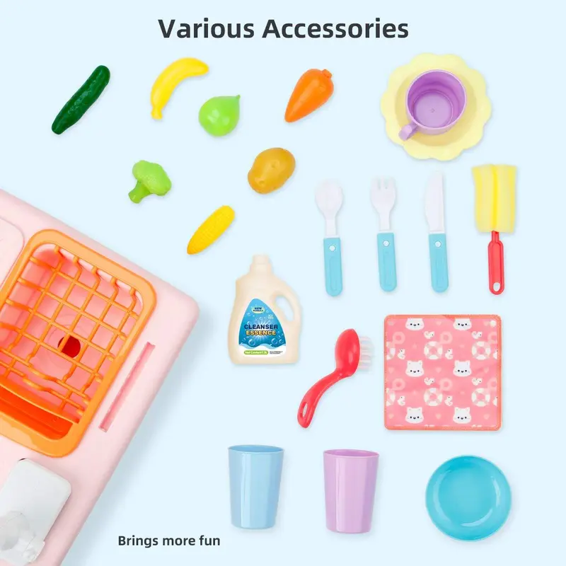 Pretend Play Kitchen Sink Toy, 1 Set Dish Rack & Play Cutting Food, Kitchen Utensils Role Playing Toys, Creative Birthday Gifts 7