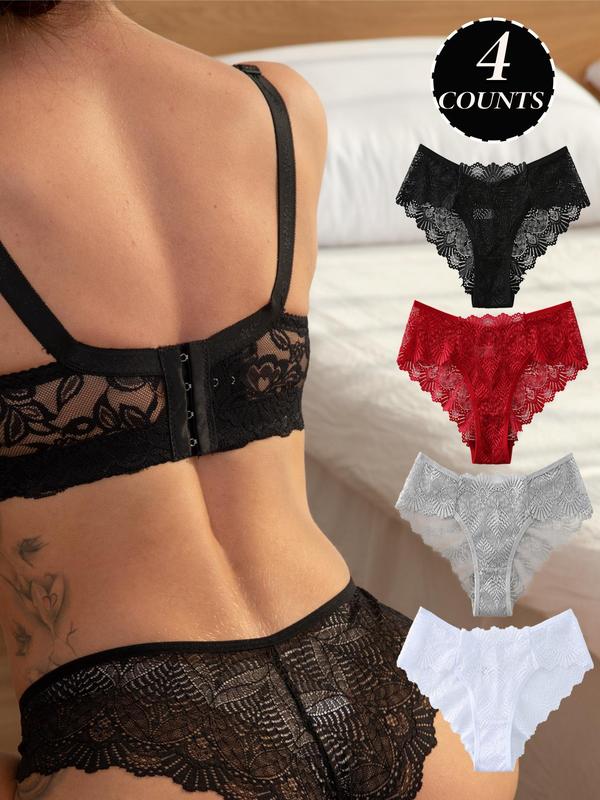 Women's 4pcs Scallop Trim Lace Panties, Solid Color Low Rise Comfort Knickers, Ladies Briefs, Women's Lingerie & Underwear 1