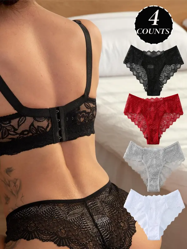 Women's 4pcs Scallop Trim Lace Panties, Solid Color Low Rise Comfort Knickers, Ladies Briefs, Women's Lingerie & Underwear 1