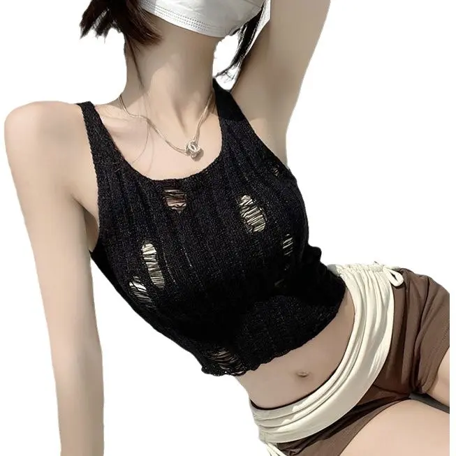 Trendy Summer Slim Fit Hollow-Out Knit Tank Top for Casual Streetwear Looks Women Bridal Basic Minimalist Short