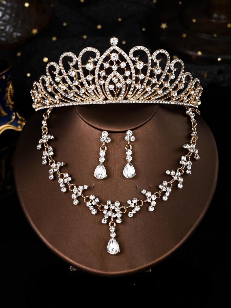 Product Introduction of Elegant Rhinestone Decorated Crown & Necklace & Dangle Earrings, Wedding Bridal Jewelry Set, Fashion Accessories for Party, Daily Clothing Decor 0