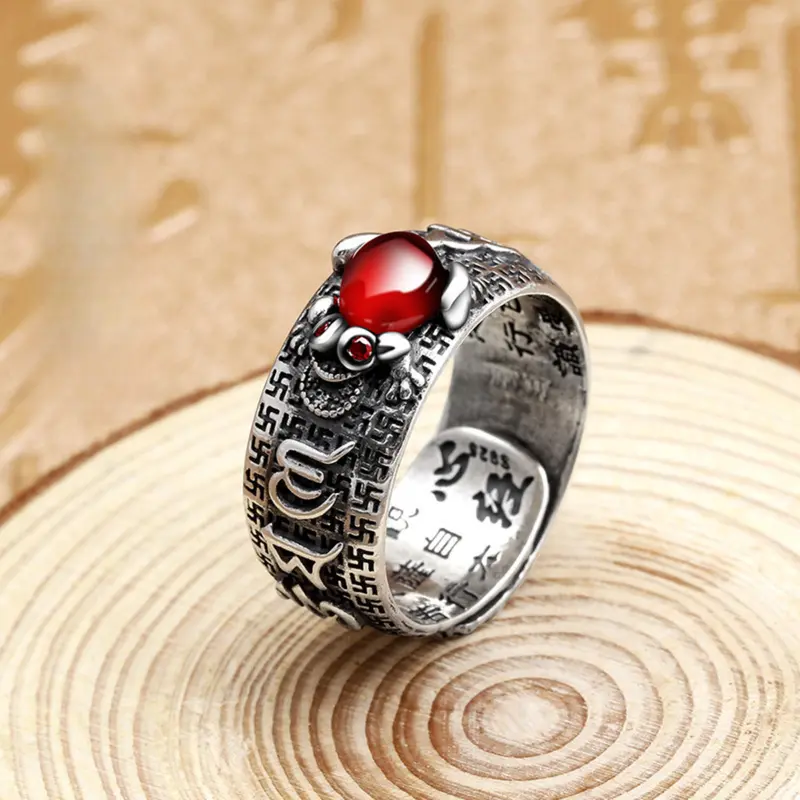 Nhẫn Ruby Tỳ Hưu, Bạc Cổ Điển Dành Cho Nam, Thiết Kế Xuyên Thấu Trái Tim, Được Chuyển Đồng Tiền Xu Đồng, Nhẫn Mở, Phong Cách Sinh Tồn, Độc Đoán, Nhẫn Nam 6