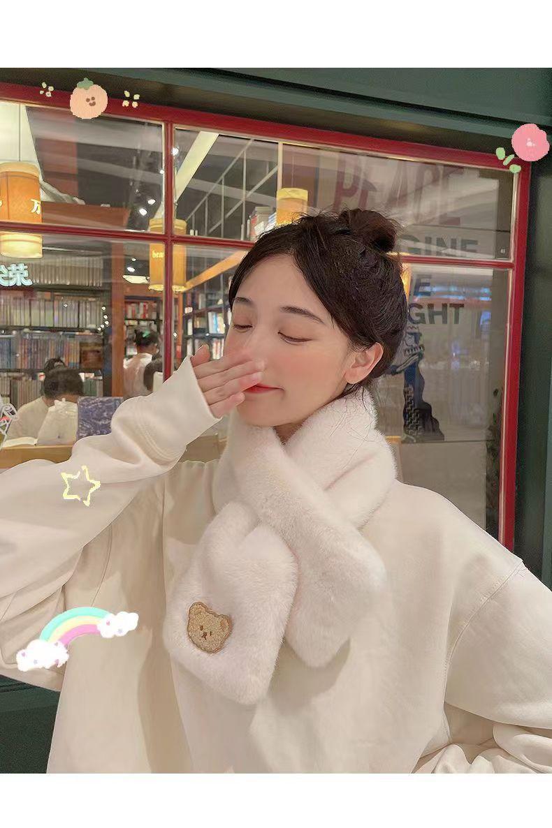 Product Introduction of Imitate Rex Rabbit Fur Scarf Female Autumn and Winter Korean Cute Bear Plush Student All-Matching Thick Warm Cross Scarf 12