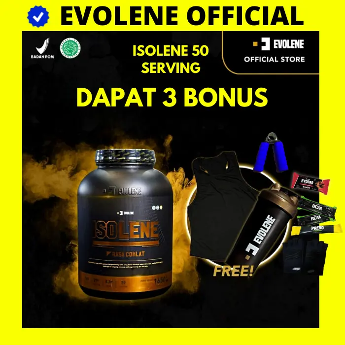 ISOLENE 50 SERVING WHEY ISOLATE BPOM HALAL PROTEIN FITNESS GYM BONUS 1.65 KG EVOLENE EVOWHEY EVOLINE 0