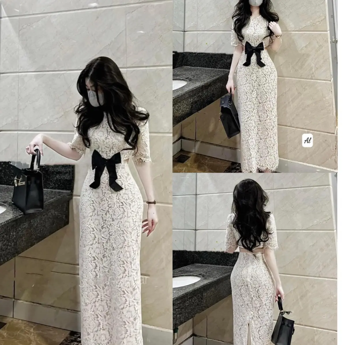 Đầm ren nơ khoét eo sang chảnh AL338