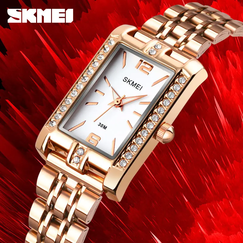 Skmei Skmei Fashion Personality All-Match Rose Gold Diamond-Embedded Women's Student Small Square Steel Belt Quartz Watch