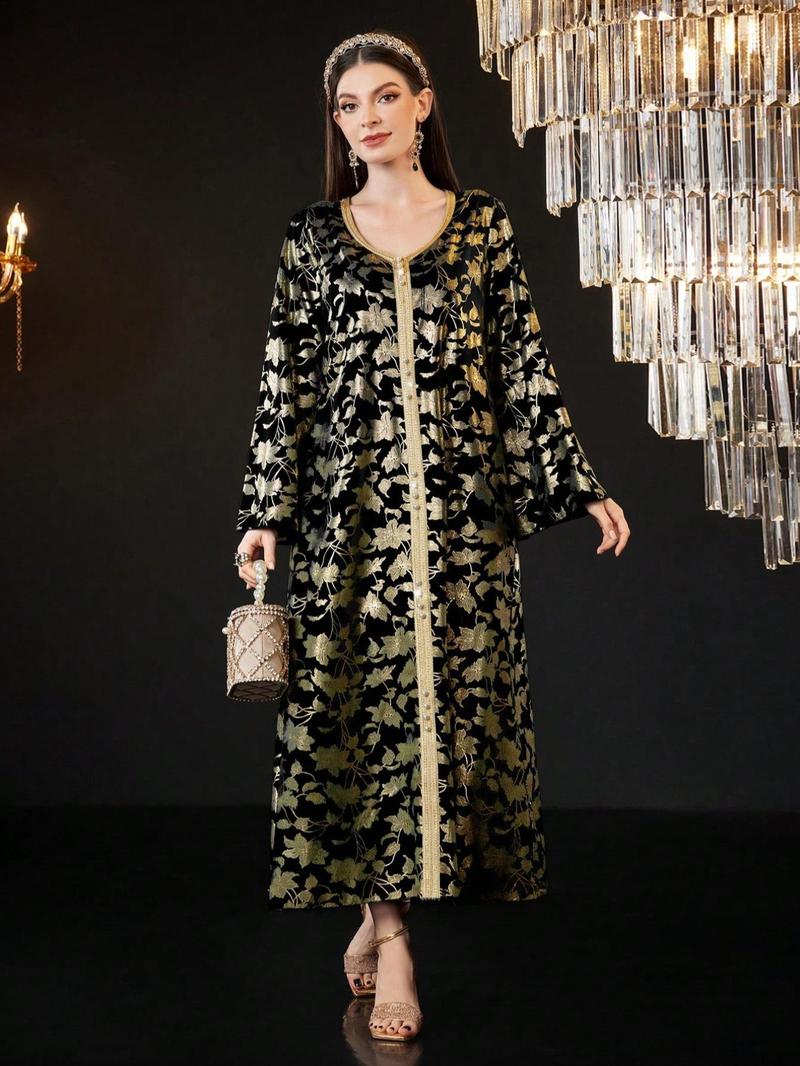 Product Introduction of Women's Floral Print Long Sleeve Dress, Elegant Open Front Maxi Muslim Dress for Party Daily Wear, Ladies Islamic Clothing for All Seasons 8
